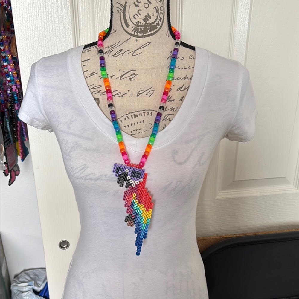Perler Beaded Parrot Necklace – Colorful Kawaii Rave Festival Jewelry Tropical B